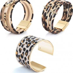 3 Pcs Leopard Leather Cuff Bracelets For Women Feather Boho Multilayer Wrap Tube Bangle Leopard Bracelet